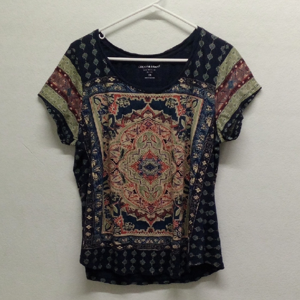 Lucky Brand Navy Blue Multicolor Floral Graphic Print Short Sleeve Top